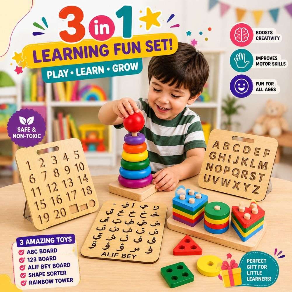Complete Learning Bundle – Urdu/ABC/123 Boards + Shape Sorter + Rainbow Tower