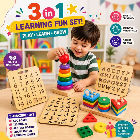 Complete Learning Bundle – Urdu/ABC/123 Boards + Shape Sorter + Rainbow Tower