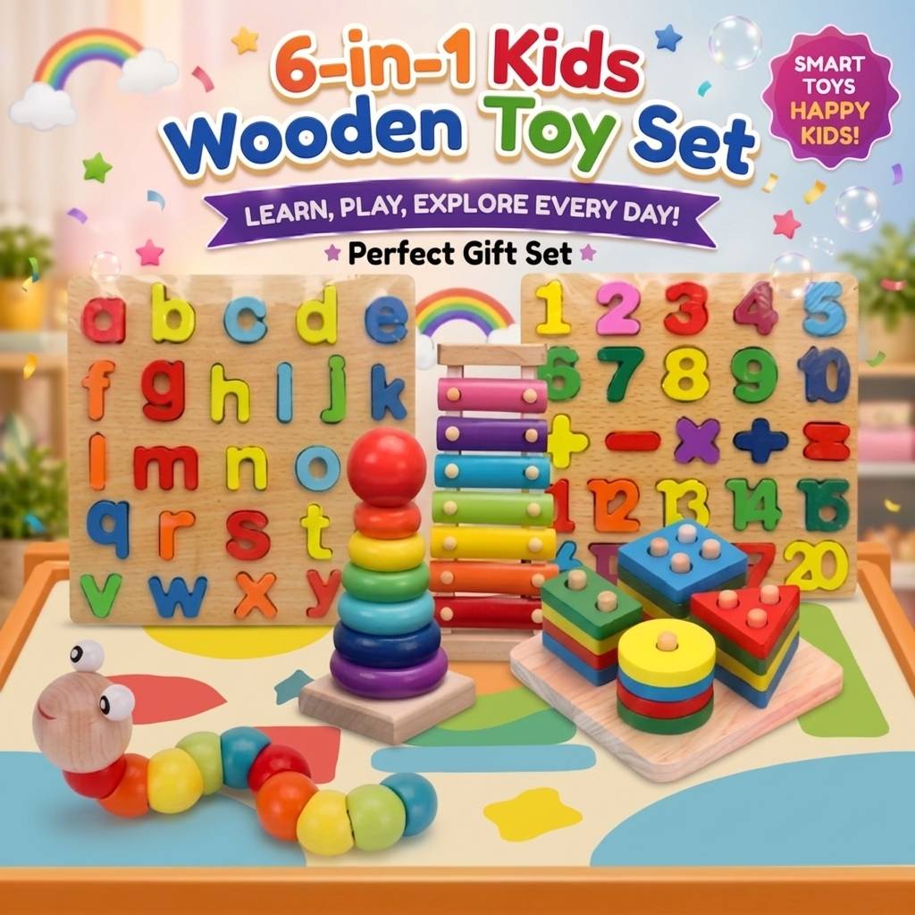 6-in-1 Wooden Educational Toys Set – Alphabet, Numbers, Xylophone & More