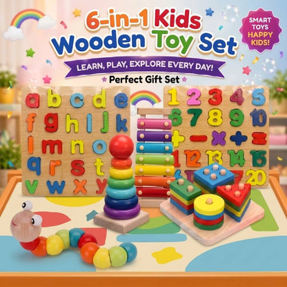 6-in-1 Wooden Educational Toys Set – Alphabet, Numbers, Xylophone & More