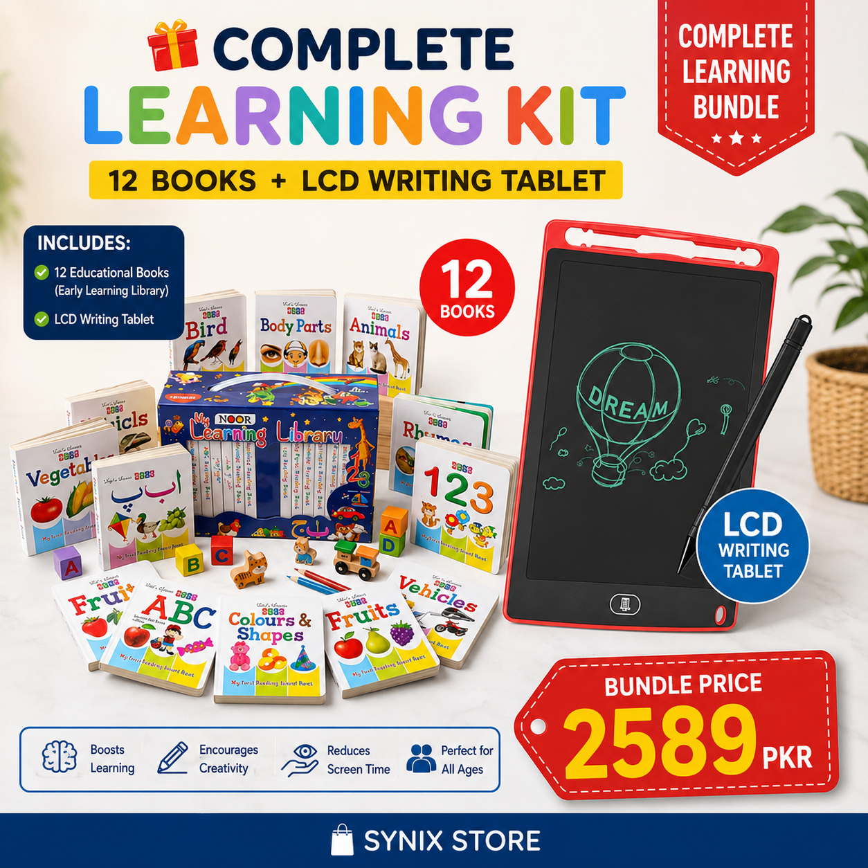 🎁 Complete Learning Kit — 12 Books + LCD Writing Tablet