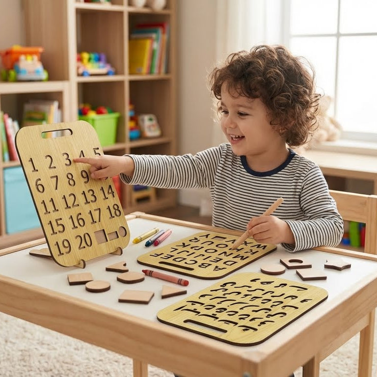 Early Learning Wooden Stencil Board Set - ABC, Numbers, Alifbey