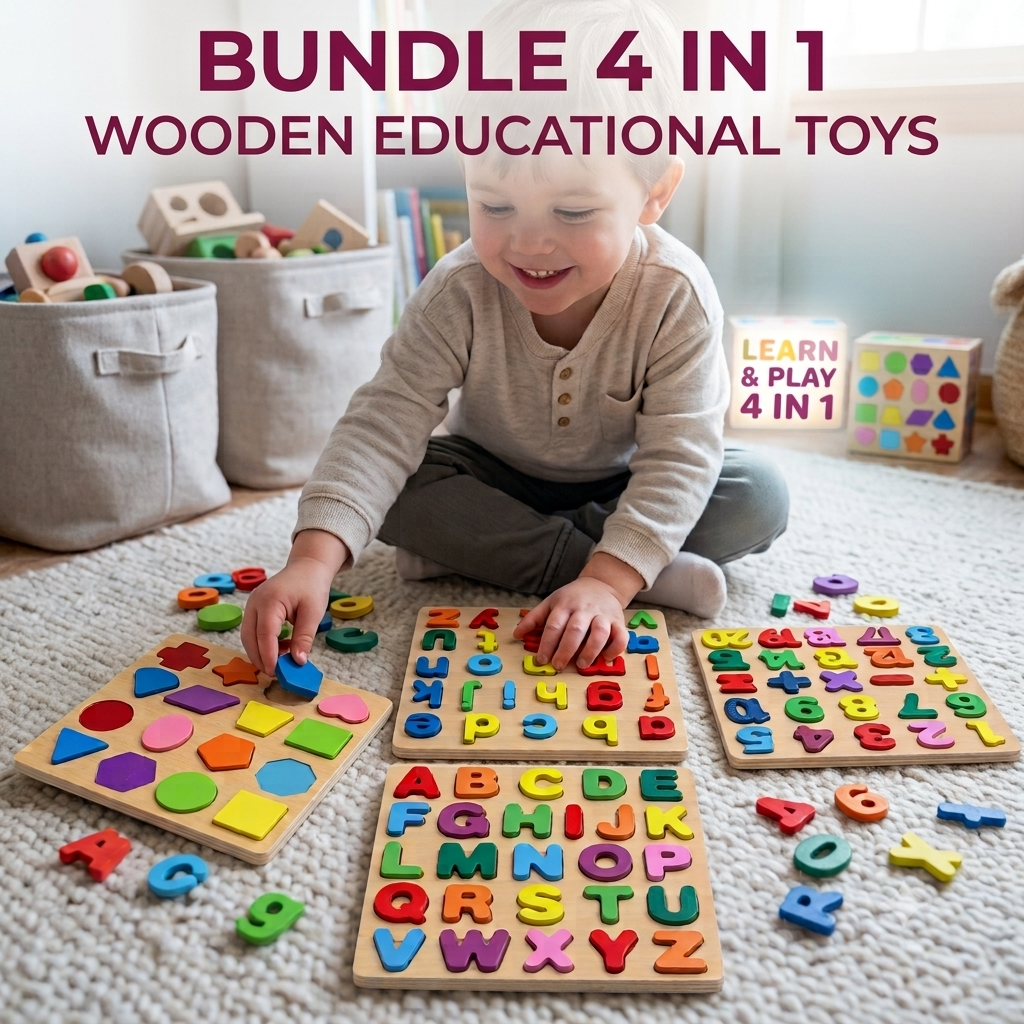 Early Educational Wooden Colorful 3D Learning Board (Sharp your kids Thinking Skills) 4 in 1 Bundle