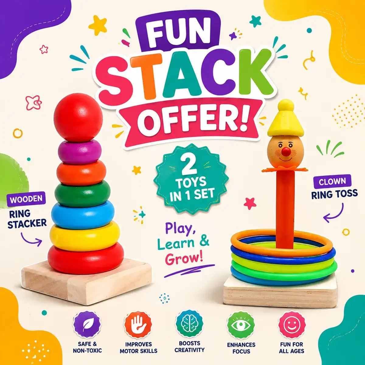 Active Play Bundle – Ring Toss + Rainbow Stacking Tower
