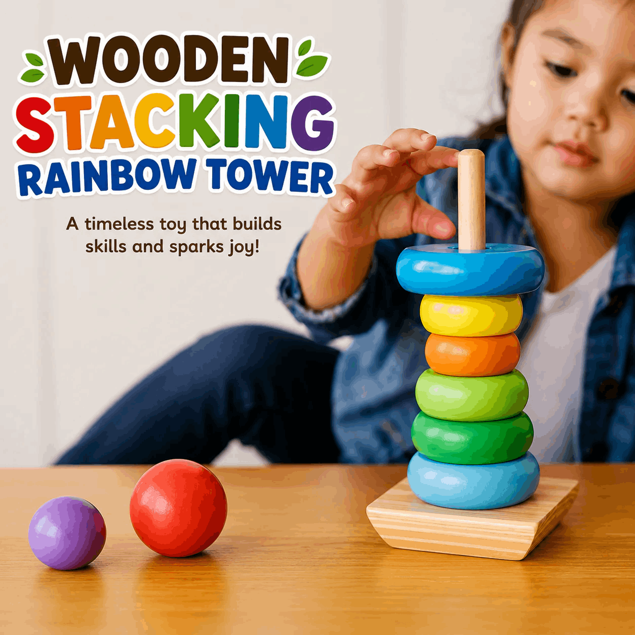 Wooden Stacking Rainbow Tower For Kids