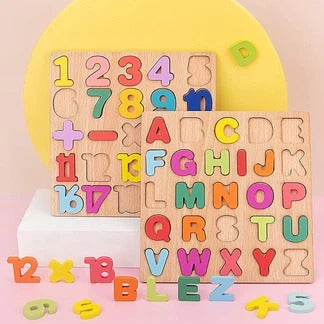 Wooden Early Learning Puzzle Boards - English, Math & Shapes (Set of 3)