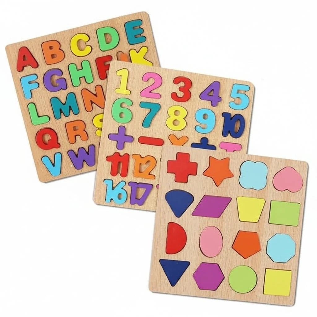 Wooden Early Learning Puzzle Boards - English, Math & Shapes (Set of 3)
