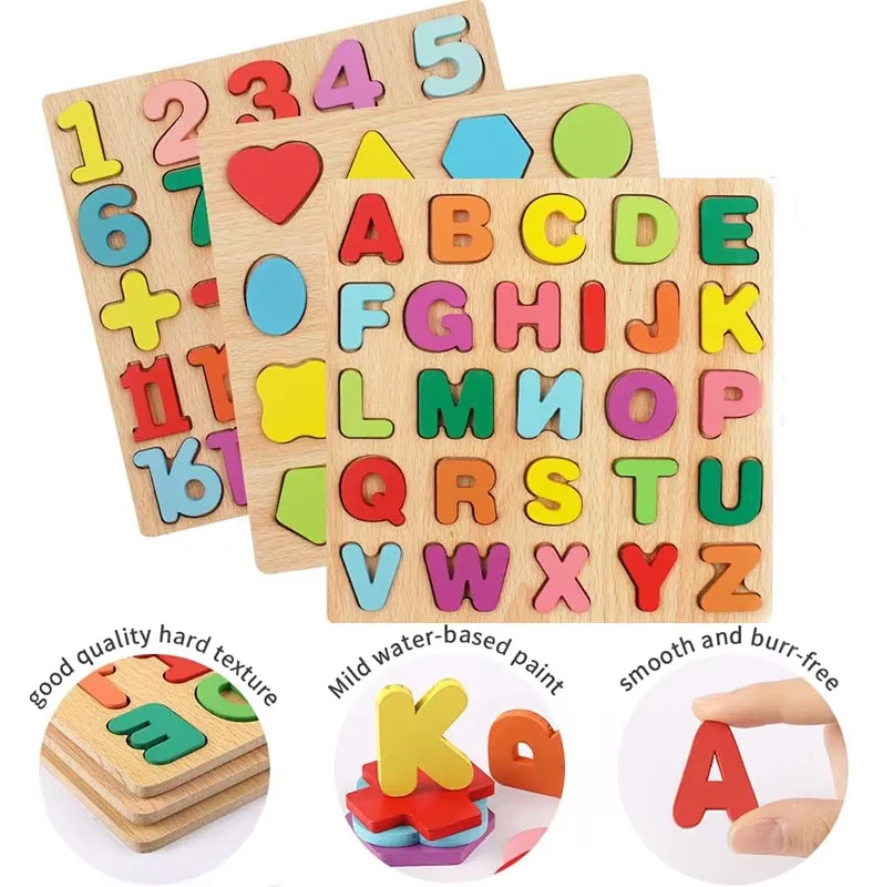 Wooden Early Learning Puzzle Boards - English, Math & Shapes (Set of 3)