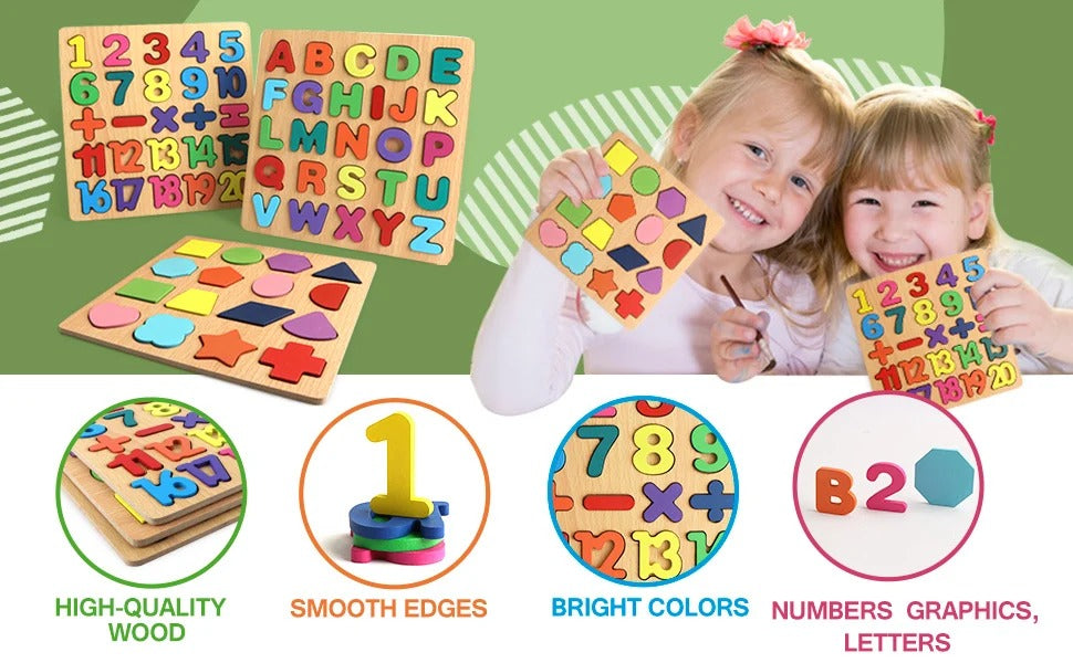 Wooden Early Learning Puzzle Boards - English, Math & Shapes (Set of 3)