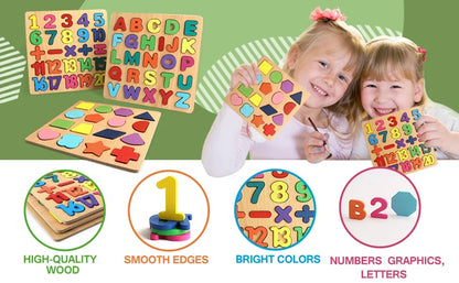 Wooden Early Learning Puzzle Boards - English, Math & Shapes (Set of 3)