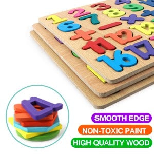 Wooden Early Learning Puzzle Boards - English, Math & Shapes (Set of 3)