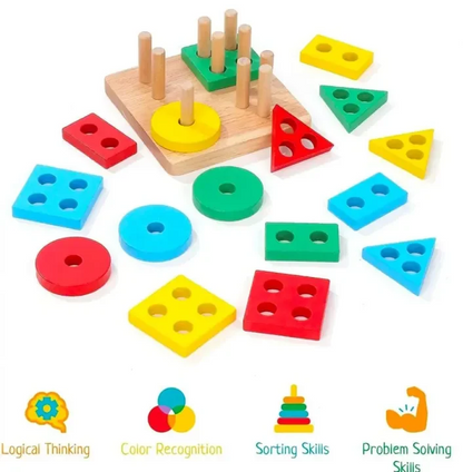 Wooden Geometric Shape Blocks For Kids - 4 Shapes