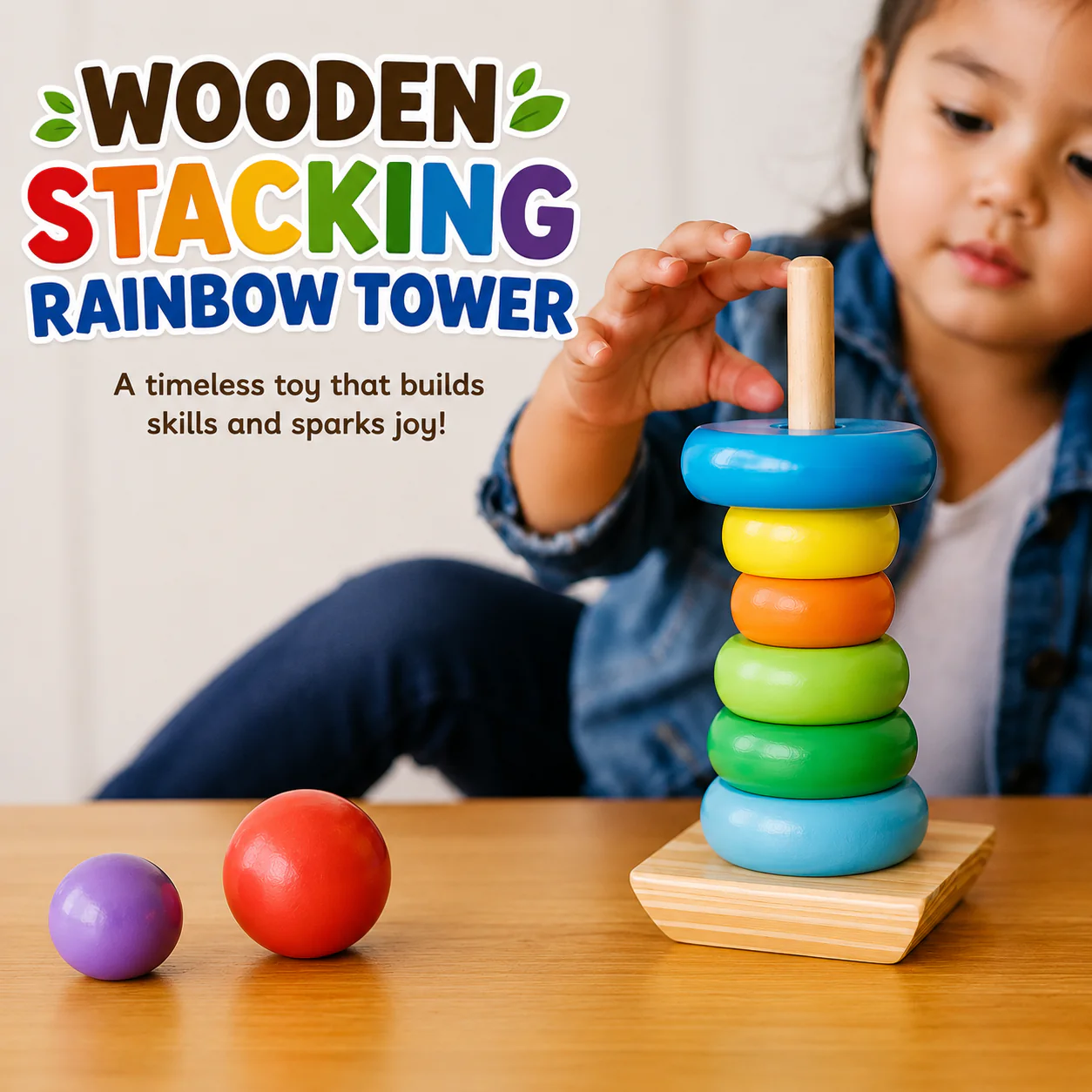 Wooden Stacking Rainbow Tower For Kids