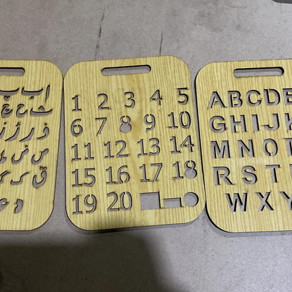 Early Learning Wooden Stencil Board Set – ABC, Numbers &amp; Alifbey (Pack of 3)