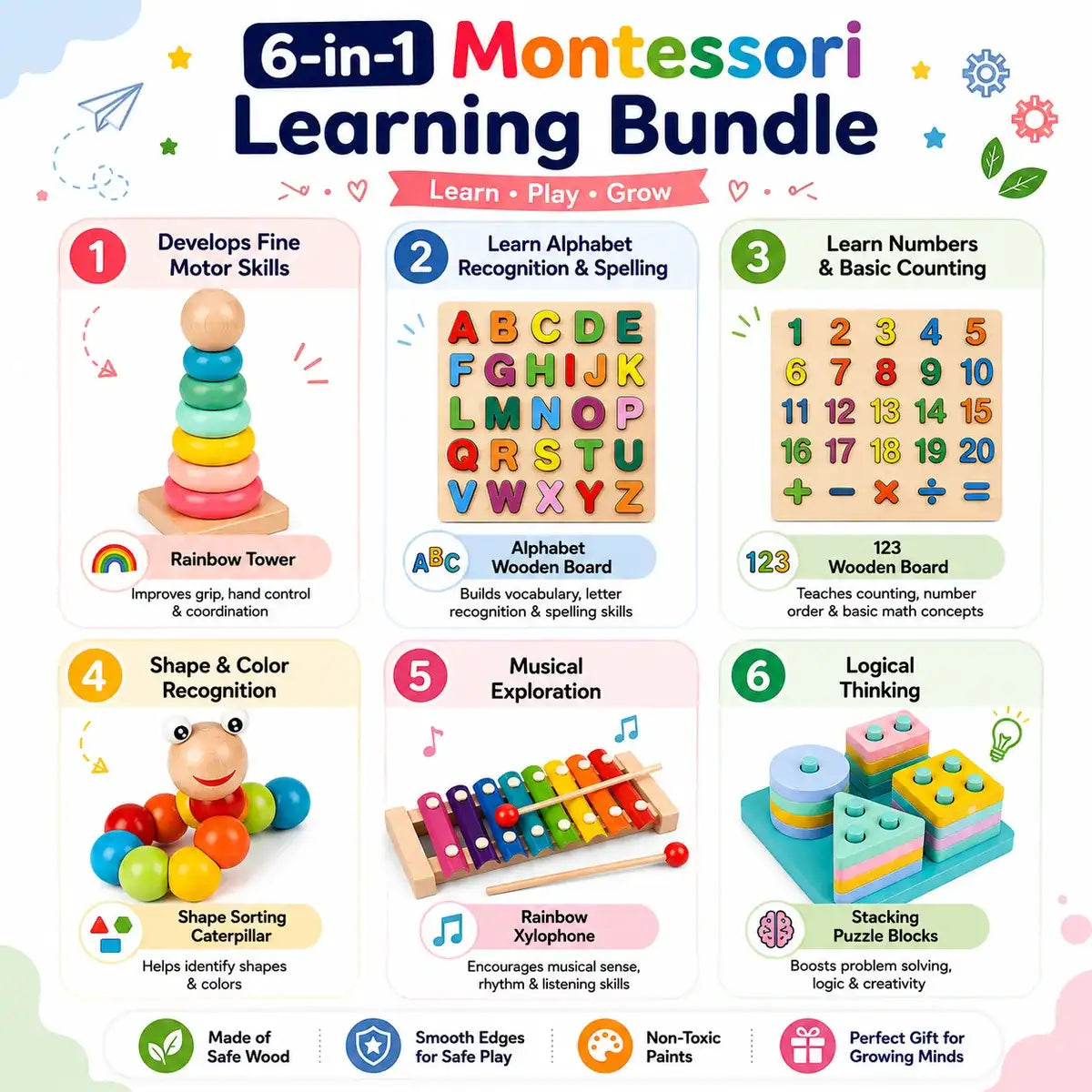 6-in-1 Wooden Educational Toys Set – Alphabet, Numbers, Xylophone & More