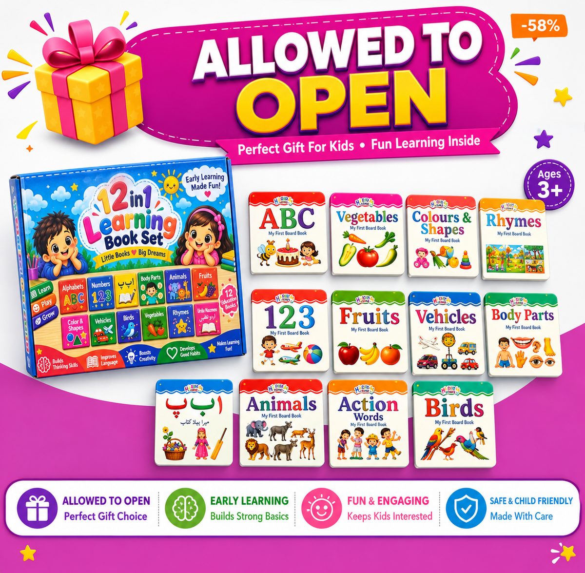 New Premium First Learning Library – 12 Educational Board Books